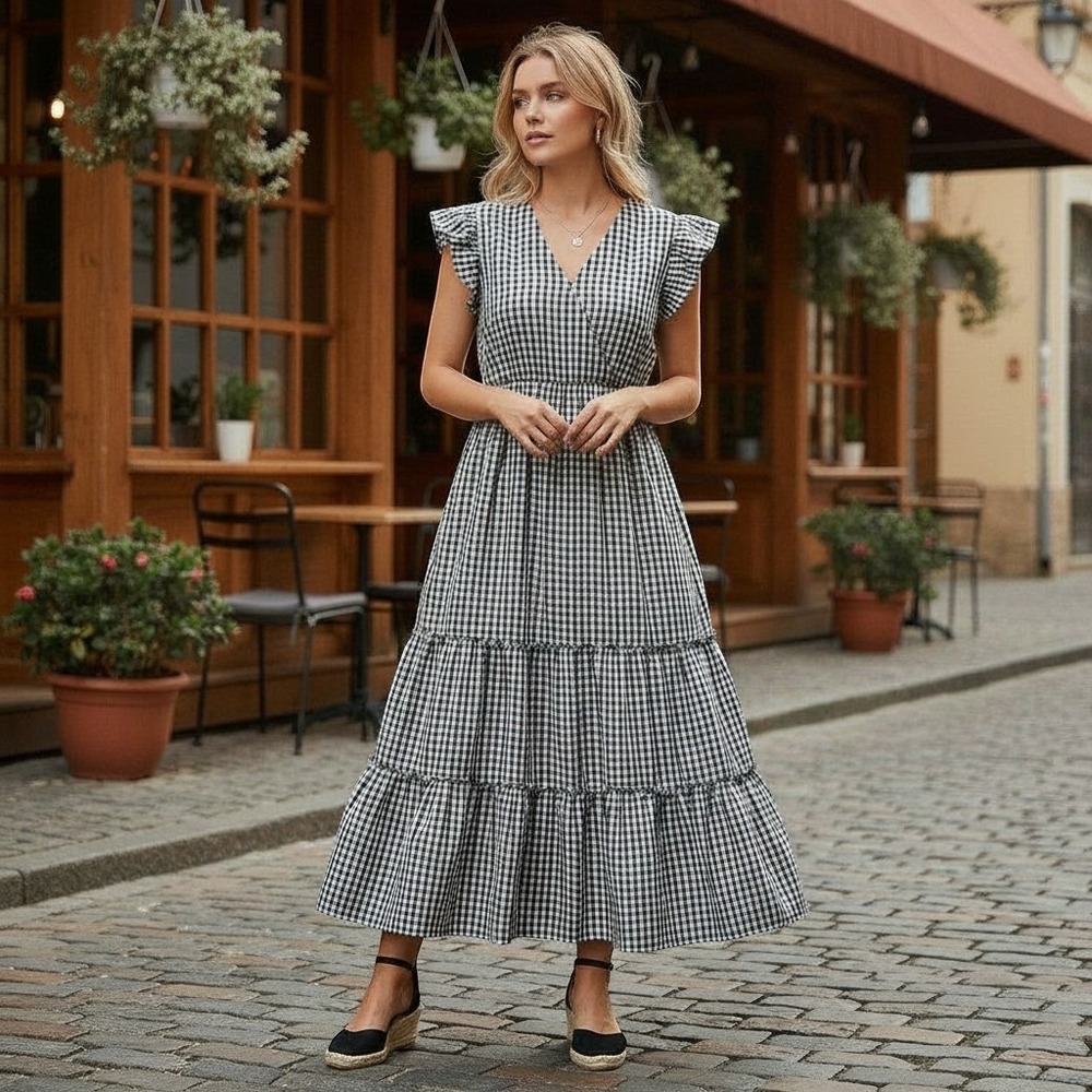 Oak & Trellis Women 4X Gingham Maxi Dress Black White Flutter Sleeve Tiered